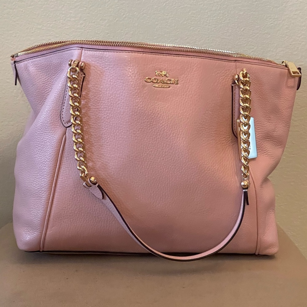 Coach Light Pink Pebble Leather Ava Chain Tote Purse Shoulder Bag Gold